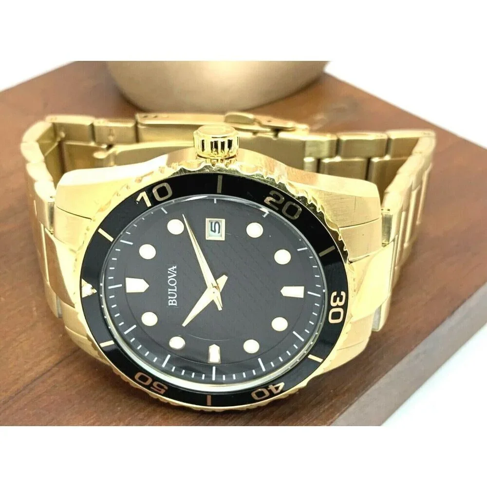 Bulova Men's Watch 98B375 Quartz Black Dial Date Gold Stainless Steel 43…